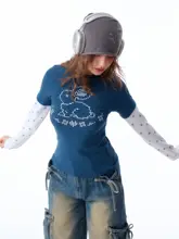 春夏アメリカンヴィンテージ風 ピクセルラビットプリントの星柄長袖Tシャツ（セットアップ対応）
