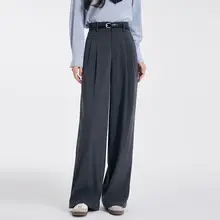 グレーのワイドレッグスーツパンツ【高腰・女性用・春用・カジュアル・就職面接対応】