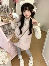 可愛らしいデザインのドット柄トップスとピンク色のビスチェワンピース【秋冬用・小柄女性向け・セットアップ対応】