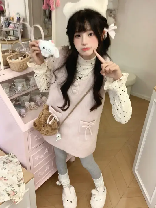 可愛らしいデザインのドット柄トップスとピンク色のビスチェワンピース【秋冬用・小柄女性向け・セットアップ対応】