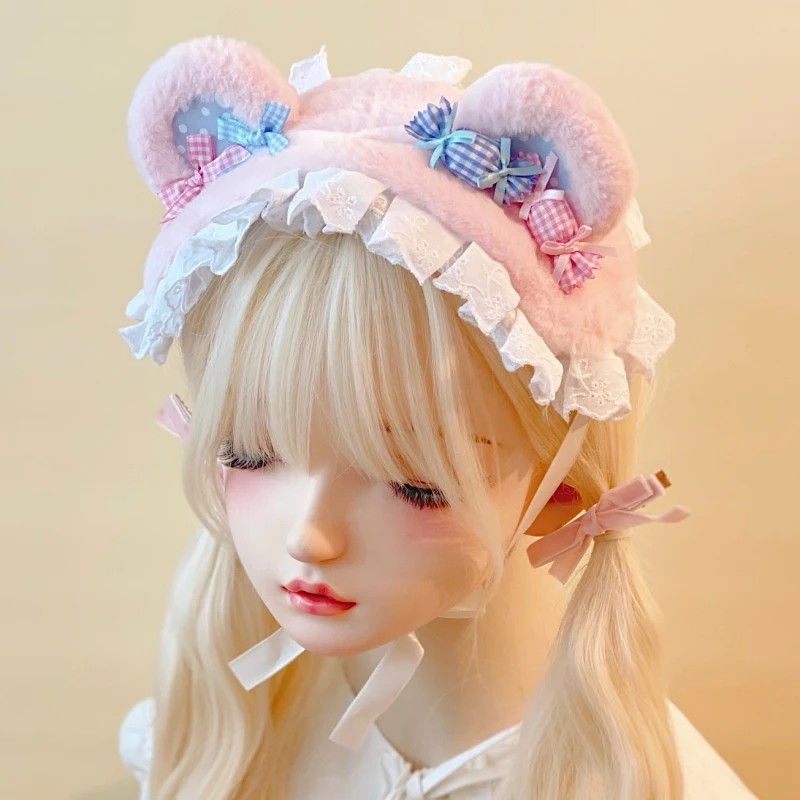 本守造手作りファー小熊デザインヘアバンド：パステルカラーで女性に人気のプレゼントアイテム