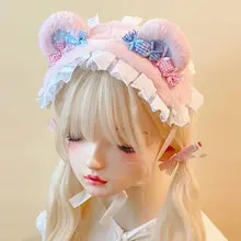 本守造 手作りファー小熊デザインヘアバンド【獣耳・レースフリル・パステルピンクブルー】