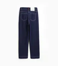 夏用薄手涼感ストレートデニムパンツ【ハイウエスト・スリムフィット・ダークブルー】
