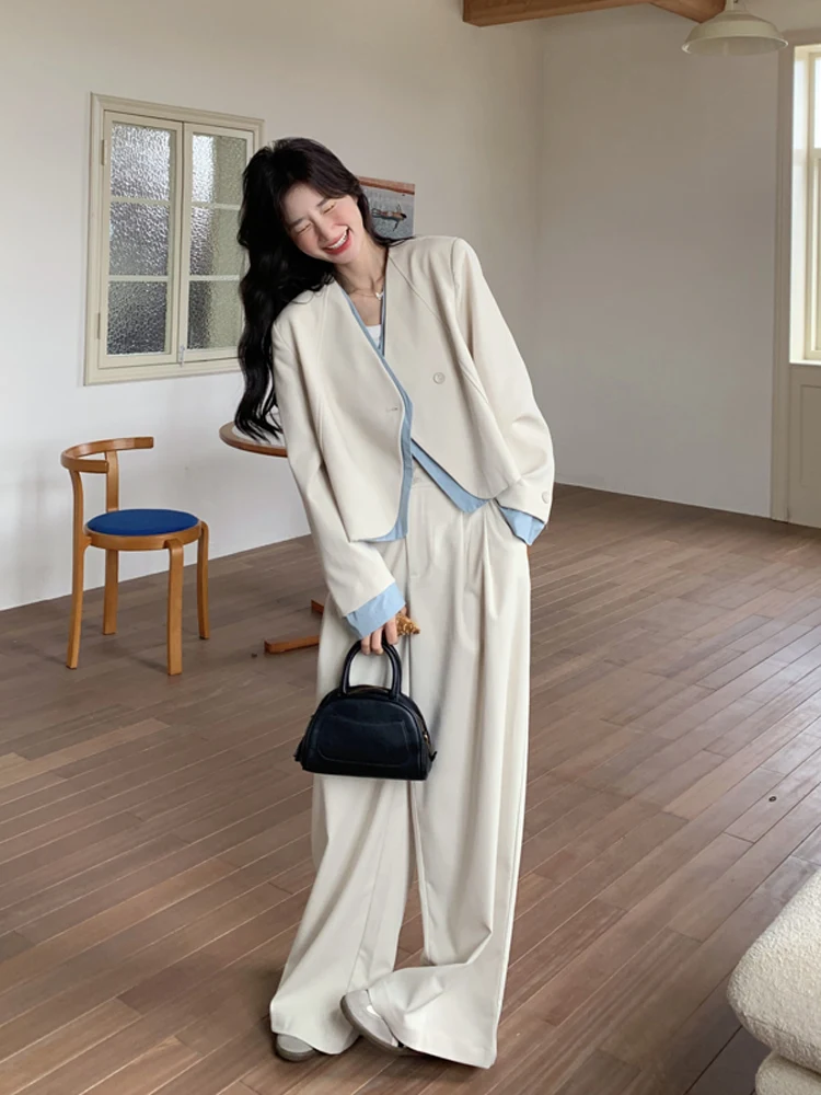 コラボ人気モデルの秋用セットアップ：洗練されたハイエンドジャケットとワイドパンツの組み合わせ