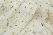 薄手の半透明生地 鹅黄色の和風小鳥プリント  リネンシャツドレス用生地