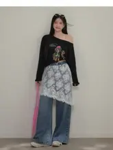 レース切り替えデザインの大きいサイズデニムパンツ【快適なフィット ・レイヤードスタイル】（セットアップ対応）