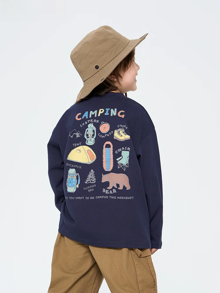 男の子用春用キャンプ長袖Tシャツ：柔らかさと着回し性を重視した日系デザイン
