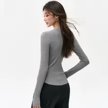 ヨガウェア レディース 長袖 ヘンリーネック フィット グレー ランニング ピラティス トレーニング フィットネス 秋