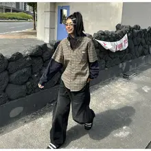 アメリカンリトロスタイルのチェック柄パネルフード付きシャツとスウェットのセット【ゆったりサイズ】