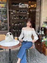 リボン付きのレトロウォッシュハイウエストストレートデニムパンツ【ワイドレッグ】