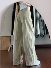 ハイウエストカジュアルデニムパンツ【レトロ風・春夏用・ワイドレッグデザイン】（セットアップ対応）