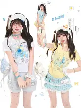 かわいいカートゥーンプリントのハングカラー半袖Tシャツ【夏用・ウエストシェイプ・女性用】