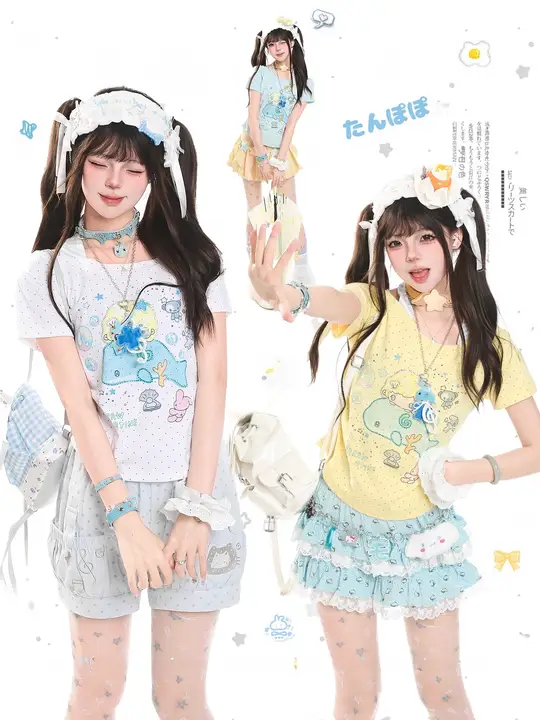 かわいいカートゥーンプリントのハングカラー半袖Tシャツ【夏用・ウエストシェイプ・女性用】