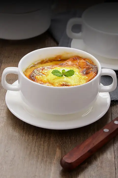 ダブルハンドル陶器製スープボウル【骨瓷・サラダ・デザート用】