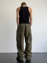 カーゴパンツ ユニセックス グリーン ハイウエスト ワイドストレート ドレープ感 ストリート 着回し 着痩せ