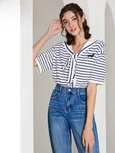 春夏用ストライプPOLOシャツ【学院風・短袖・女性用・シルエットを引き立てるデザイン】