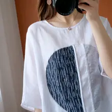 夏用のフィットTシャツ【リネンコットン・アート風・大きいサイズ・お腹を隠すデザイン】