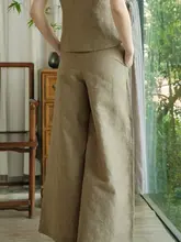 フィットコットンリネン混合ガウチョパンツ【夏用・レディース・ハイウエスト・ワイドレッグ】