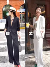 薄手のドレープ感のあるノーカラー七分袖ジャケット【高腰ストレートパンツ・夏用】（セットアップ対応）