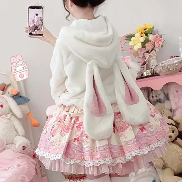 可愛いフード付きロリータ風ロングコート【仿ウサギ毛・JK学生用】