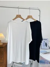 モダール混の中長丈カットソー【短袖・スリットデザイン・ゆったりシルエット・体型カバー効果】