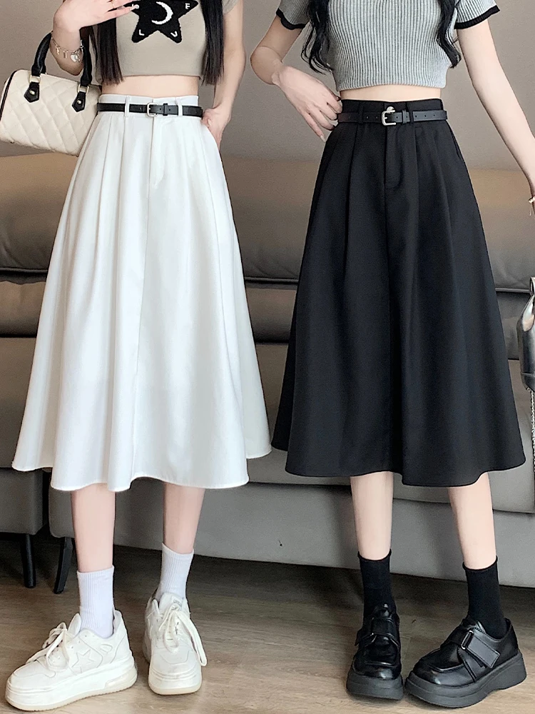 夏の女性用白色ハイウエストプリーツスカート【Aライン・中長丈】 きれいめコーデに最適なアイテム