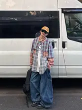 ユニセックス カラーブロックデザインの長袖チェックシャツ【カジュアル・春秋用】（セットアップ対応）