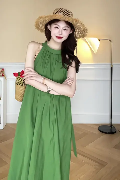 肩出しデザインのウエストリボン付きノースリーブワンピース【フレンチスタイル・夏用・リゾート向け】