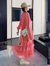 春秋用ゆったりとしたデザイン！パウダーピンクフード付きワンピースドレス【フィッシュテール・カジュアルスタイル】