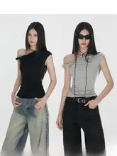 花柄グレーの斜め肩口ねじりTシャツ【女性用・ウエストシェイプ・夏用】