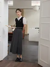 英国風プリーツスカート【グレー・高腰・シンプルスタイル】