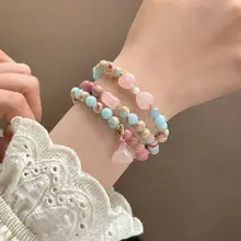 二重天然石粉水晶蓮花デザインブレスレット【女性用・寿山石・オリジナルデザイン・平安ハンドアクセサリー】
