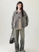 アメリカンスタイルのゆったりしたレディースジャケット【両面着用・翻り襟・カーディガン風】