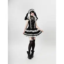 ワンピース レディース ロリータ クラシカルゴシック ドール風 ダーク クロスモチーフ レース ローウエスト ティアード 着痩せ