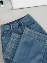 デザイン性のあるブルー格子柄ストレートデニムパンツ【梨型体型にフィット・九分丈・ワイドレッグ】