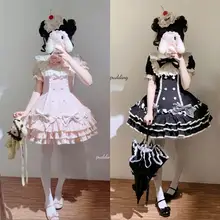 黒とピンクのストライプの千層ロリータケーキスカート【可愛いプリンセスデザイン・短袖・春夏用】