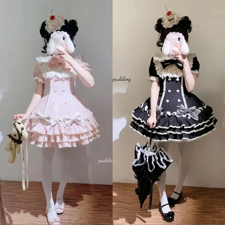 黒とピンクのストライプの千層ロリータケーキスカート【可愛いプリンセスデザイン・短袖・春夏用】