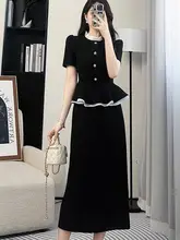 黒いワンピース 女性 夏 修身 スリム 気品 高級感 パッチワーク 重ね着 フレンチ ロングドレス