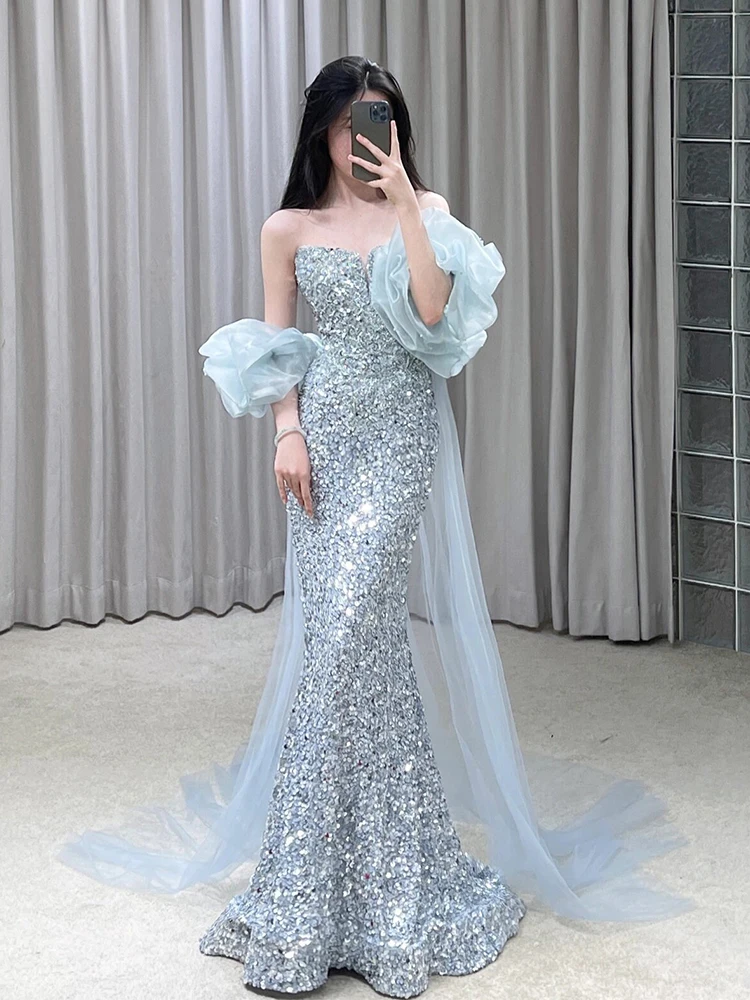 魚尾デザインのロングドレス：フォーマルな結婚式やKTVで活躍する青色バストビュードレス