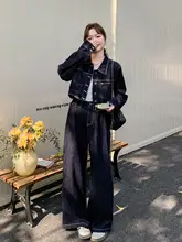 デニム 2点セット レディース テーラード ショートジャケット ワイドパンツ ヴィンテージ 韓流 秋