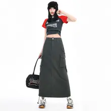 アメリカンスタイルのヴィンテージ工装ポケットデニムスカート【秋冬用・Aライン・ミディ丈】