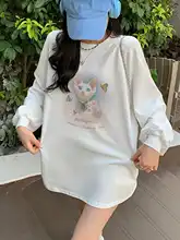 猫プリントの夏用レディースTシャツ【アメリカンレトロ・ラウンドネック・長袖・ゆったりフィット】