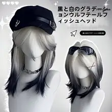 男女兼用 中長髪ウィッグ【黒白グラデーション・中分けスタイル・ナチュラルな仕上げ】