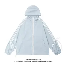 レトロなストライプのリボン付き防晒パーカー【フード付き・カジュアルデザイン】（セットアップ対応）