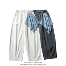 ヴィンテージ風ウォッシュ加工のデタッチャブルハンカチ付き無地ストレートパンツ【ユニセックス・ゆったりしたワイドレッグ・カジュアル】（セットアップ対応）