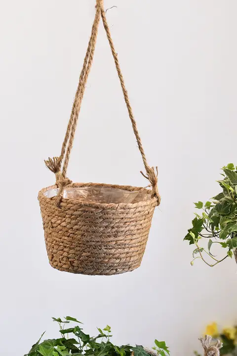 吊り下げ式バスケットプランター【草編み・観葉植物用・壁掛けデザイン】