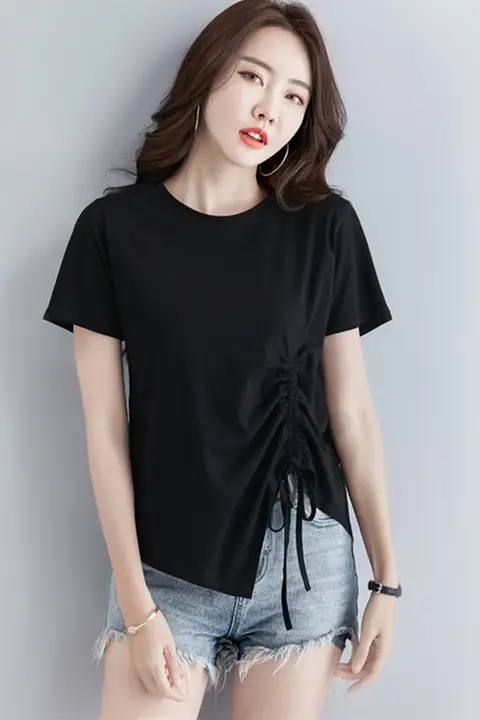 デザイン感のある不規則抽紐トップス【夏用・大きいサイズ・ゆったり・半袖】