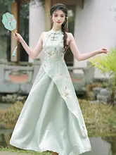 新中式デザインの改良版チーパオ風ロングドレス【プリント・掛け紐・女性用】（セットアップ対応）