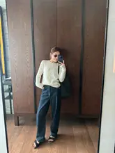 YANGLE ハイウエストブルーデニムパンツ【春用・スリムフィット・ワイドレッグデザイン】