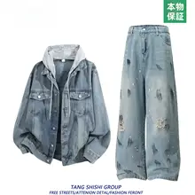 デニムカジュアルジャケット・パンツ【春秋用・フード付き・高級感あるデザイン】（セットアップ対応）